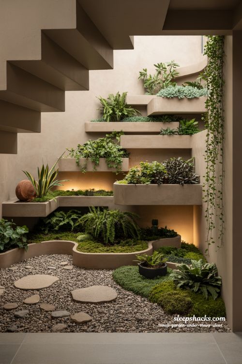 Multi layer artistic garden under stairs with stones plants and ambient lighting living interior design 