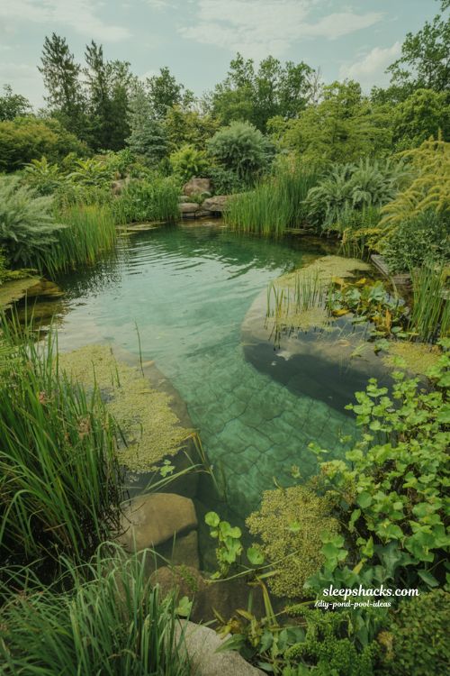 Native plant framed swim pond wild garden natural ecosystem backyard pond design with wetland filtration and lush greenery