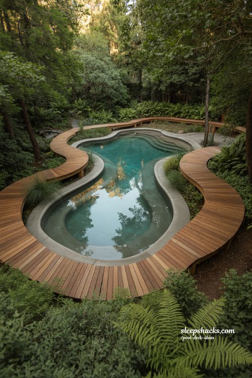 Natural free form pool with winding wooden boardwalk deck and lush garden landscape design 