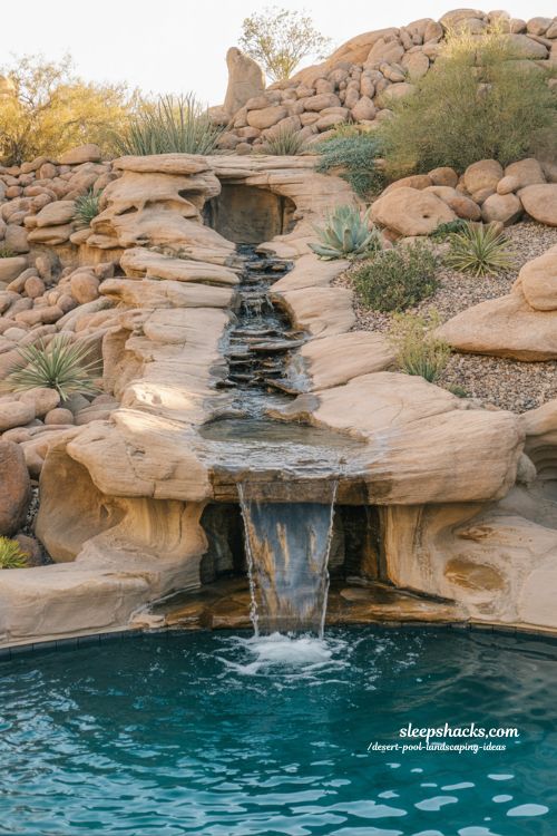Natural rock waterfall desert pool design with boulder landscaping and cascading water feature backyard oasis