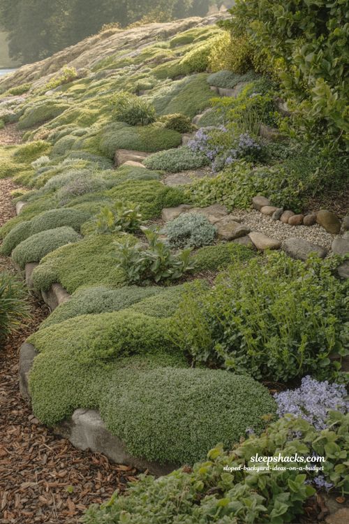 Natural sloped backyard erosion control with creeping thyme and ground covers 