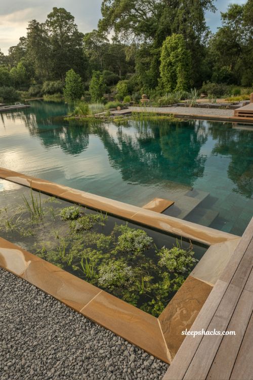 Natural swimming pool with regeneration zone and native plants in organic garden landscape design with sandstone and timber details
