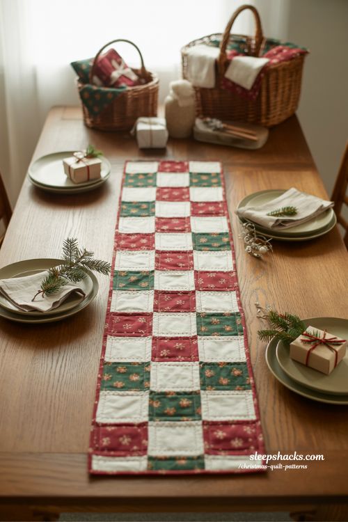 Nine patch christmas table runner in cozy farmhouse holiday dining room with handmade quilting decor 