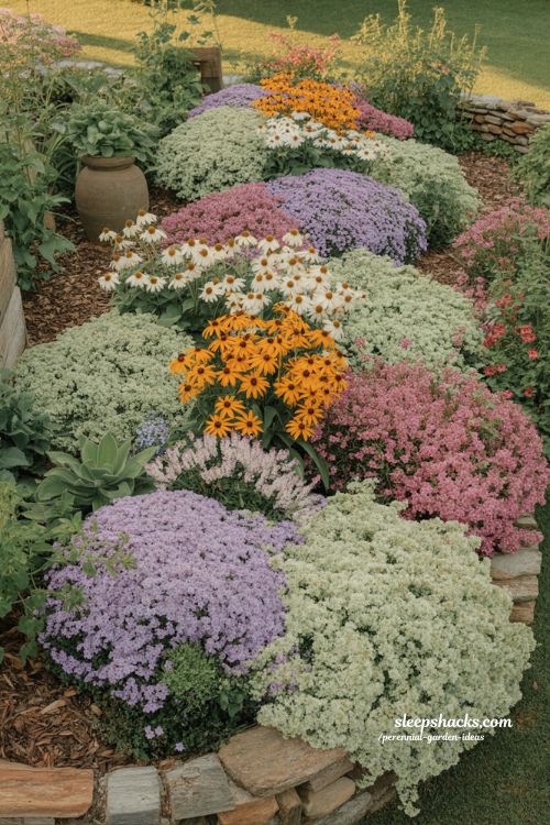 Perennial garden drift planting ideas with layered flower bed groupings and cottage garden style
