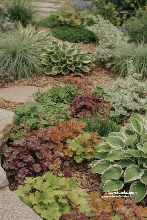 Perennial garden ideas focused on foliage texture with hostas heuchera and ornamental grasses in layered garden design
