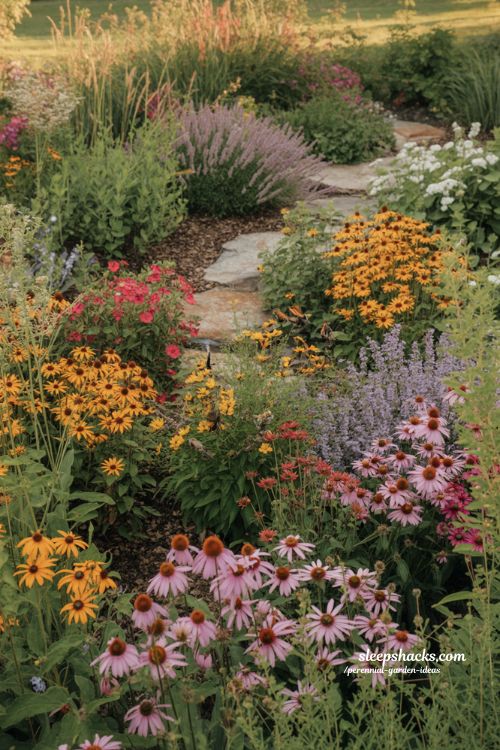 Perennial garden ideas for pollinator friendly native plants like coneflower bee balm and lavender in ecological cottage garden design