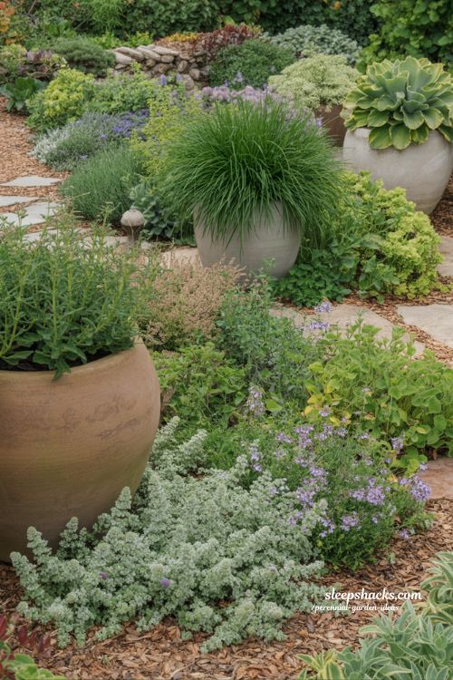 Perennial garden ideas using containers in garden beds for flexible planting design and seasonal cottage garden styling