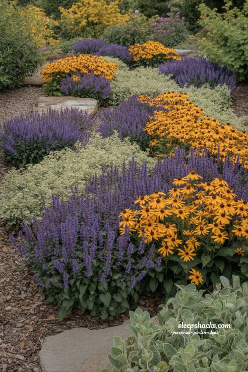 Perennial garden ideas using contrasting color combinations like purple salvia and yellow rudbeckia in intentional cottage garden design