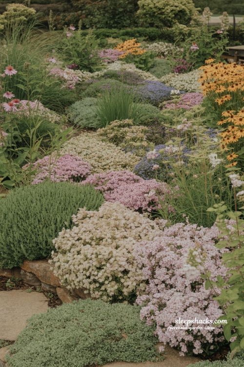 Perennial garden ideas with creeping phlox sedum and groundcover plants for weed suppression and textured cottage garden design