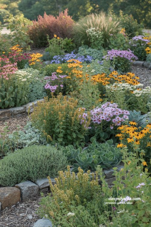 Perennial garden ideas with staggered bloom timing and seasonal flower planning for continuous color