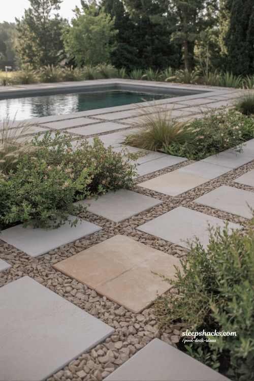 Permeable paver pool deck with poolside garden and eco friendly biophilic landscape design