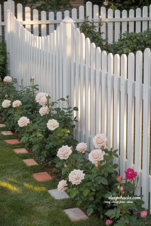 Picket fence scalloped top design ideas for cottage front yard with climbing roses and white garden fence styling