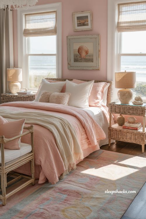 Pink coastal bedroom ideas with blush linen bedding and coastal granddaughter style decor