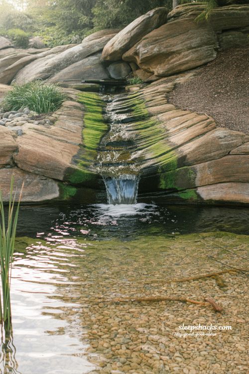 Pondless waterfall entry feeding swim pond natural slope backyard water feature with gravel reservoir eco design