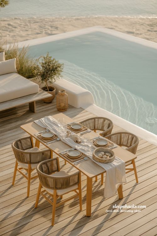 Pool deck decorating ideas beach inspired dining corner with coastal wood and soft blue accents