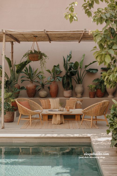 Pool deck decorating ideas boho green escape with lush plants woven textures and cozy natural vibe