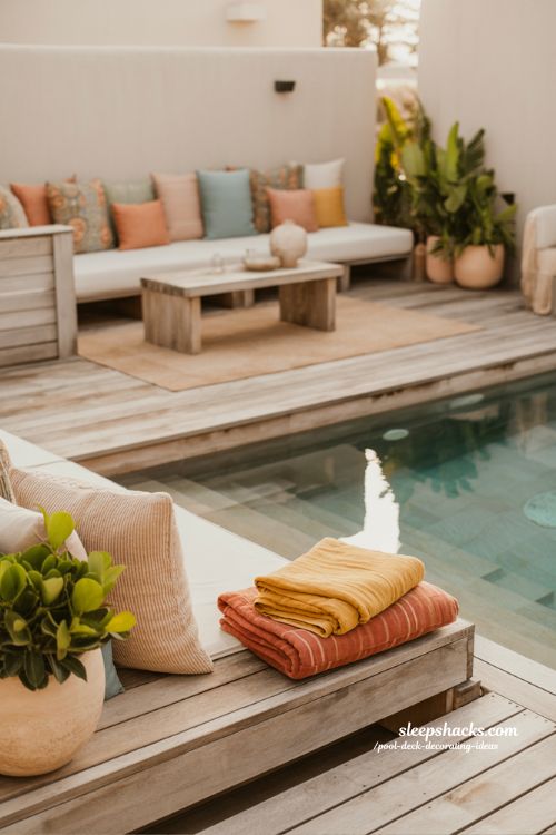 Pool deck decorating ideas colorful accent styling with vibrant cushions and modern outdoor decor