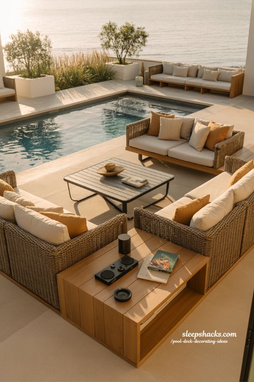 Pool deck decorating ideas entertainment zone setup with flexible seating and modern outdoor social space