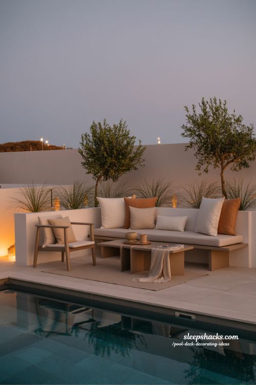 Pool deck decorating ideas evening chill corner with soft lighting and cozy minimalist outdoor seating