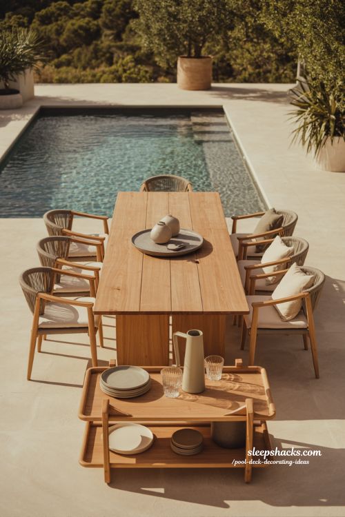 Pool deck decorating ideas outdoor dining expansion with wooden table and cozy coastal seating near pool