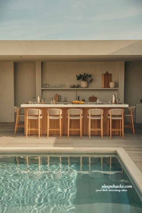 Pool deck decorating ideas poolside bar setup with wooden counter stools and modern outdoor entertaining space