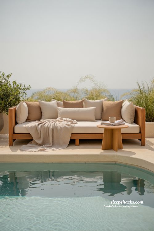 Pool deck decorating ideas relaxation daybed corner with cozy teak wood and soft coastal cushions