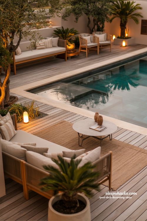 Pool deck decorating ideas resort style finish with cozy lighting greenery and modern outdoor relaxation space
