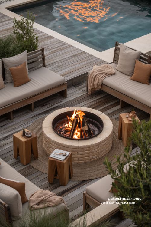 Pool deck decorating ideas rustic fire corner with cozy seating and warm outdoor fire pit ambiance