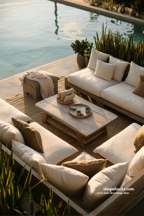 Pool deck decorating ideas soft lounge seating zone with deep chairs and cozy coastal cushions