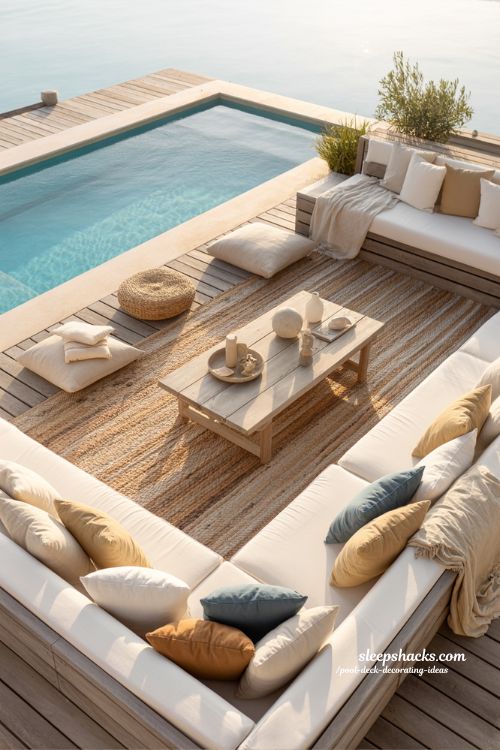 Pool deck decorating ideas soft textile layering with cozy cushions rugs and warm outdoor comfort design