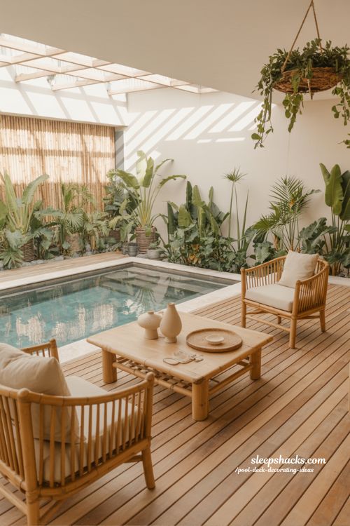 Pool deck decorating ideas tropical relax theme with bamboo textures and lush green outdoor escape vibe