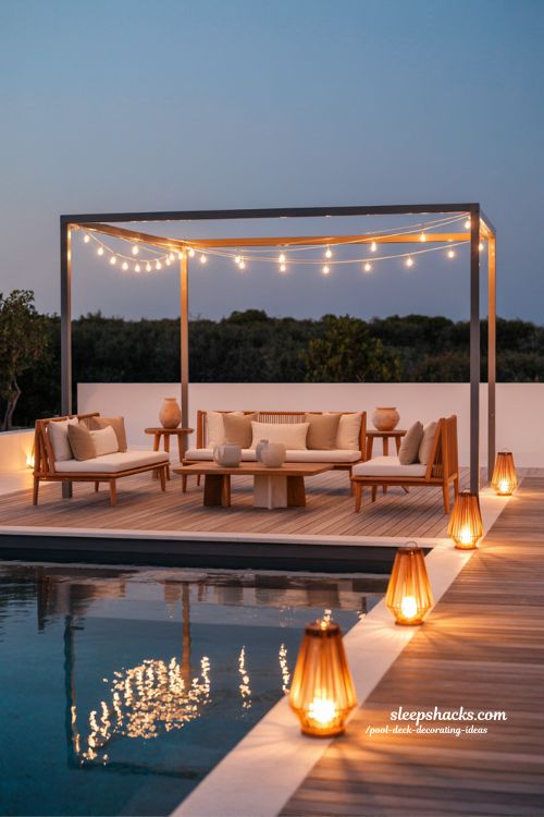 Pool deck decorating ideas warm night lighting setup with string lights and cozy glowing outdoor atmosphere