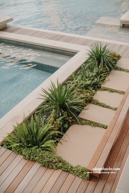 Pool deck decorating ideas water-edge green borders with lush plants and natural poolside landscaping
