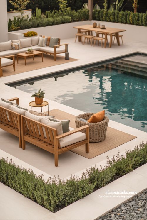 Pool patio decorating ideas with complete zoned backyard layout for functional outdoor living