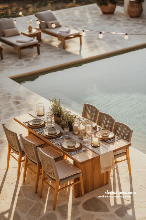 Pool patio decorating ideas with cozy outdoor dining and relaxed social backyard style