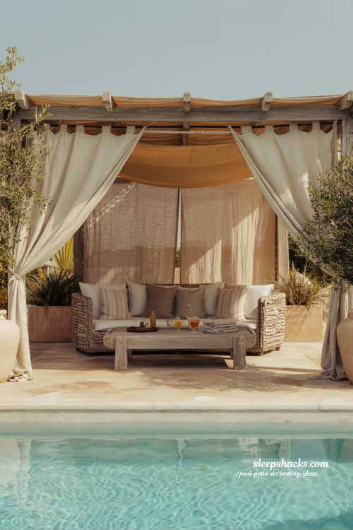 Pool patio decorating ideas with cozy shaded pergola seating and breezy outdoor retreat vibes 
