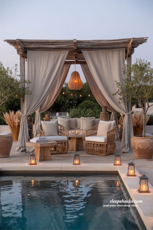 Pool patio decorating ideas with layered greenery and peaceful tropical outdoor styling 