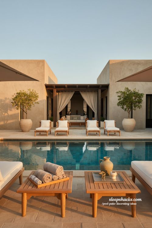 Pool patio decorating ideas with relaxed resort symmetry and balanced outdoor layout