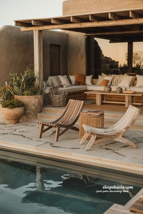 Pool patio decorating ideas with rustic warmth and natural wood and stone outdoor design