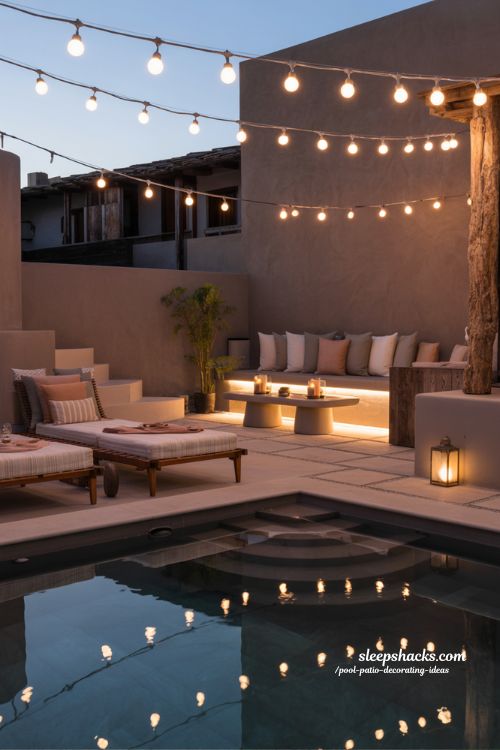 Pool patio decorating ideas with soft evening lighting and cozy nighttime backyard atmosphere