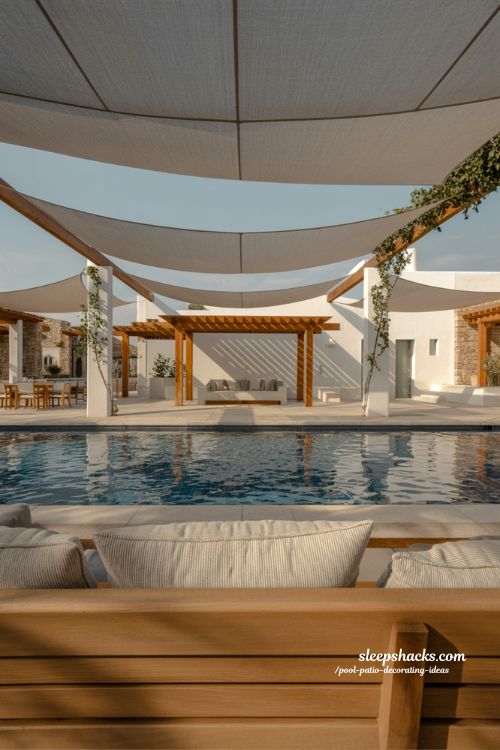 Pool patio decorating ideas with stylish pergola shade structures and modern outdoor comfort design