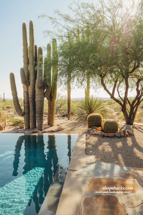 Shot type — Wide-angle architectural photography from a slightly elevated corner viewpoint, aligned along the long edge of a rectangular pool to emphasize strong linear geometry and depth toward the far end Room description — A sleek modern desert backyard featuring a perfectly proportioned rectangular swimming pool with crisp poured concrete coping, surrounded by minimalist desert landscaping where the architecture and hardscape dominate while the natural desert environment frames the space with quiet restraint, creating a clean and intentional outdoor living composition Style and era — Contemporary Scottsdale-inspired modern desert architecture with minimalist design principles, emphasizing geometric precision, material honesty, and restrained luxury Color palette — Charcoal and dark gray concrete coping, pale sand and warm beige desert tones, muted sage and olive green planting accents, and deep reflective blue pool water under open sky Key props and details — Smooth poured concrete pool coping with sharp edges and matte texture, linear rectangular pool basin with perfectly aligned geometry, a subtle trough-style fountain integrated at one end creating gentle water movement, sparse desert planting arranged as intentional sculptural accents, minimalist pergola structure casting clean linear shadows, compact gravel or decomposed granite ground cover maintaining visual simplicity Lighting — Bright clear desert daylight softened by minimal architectural shade from pergola elements, producing crisp shadows that emphasize straight lines and textures while the water surface reflects a calm, glass-like sky Mood and atmosphere — Controlled, refined, and architectural; soft natural colors that amplify simplicity, raw concrete textures that ground the space in modernity, and a calm visual rhythm created by negative space and precise placement of elements Technical tail — no people, no text, no watermarks, no blur, no bokeh, all surfaces in sharp focus, photorealistic, 4K resolution, editorial interior photography, Pinterest-worthy