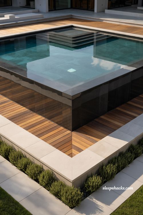 Raised minimalist geometric pool with integrated spa and baja shelf in modern luxury backyard with timber and dark stone architectural design