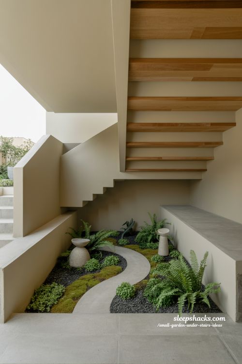 Recessed floor garden under stairs with modern architectural landscaping and minimal indoor greenery 