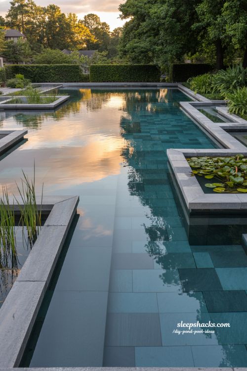 Reflecting pool hybrid swimming pond with modern garden art bluestone edge and natural plant filtration backyard design