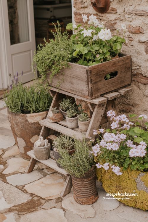 Rustic french cottage garden ideas using vintage containers and weathered textures for a natural relaxed look