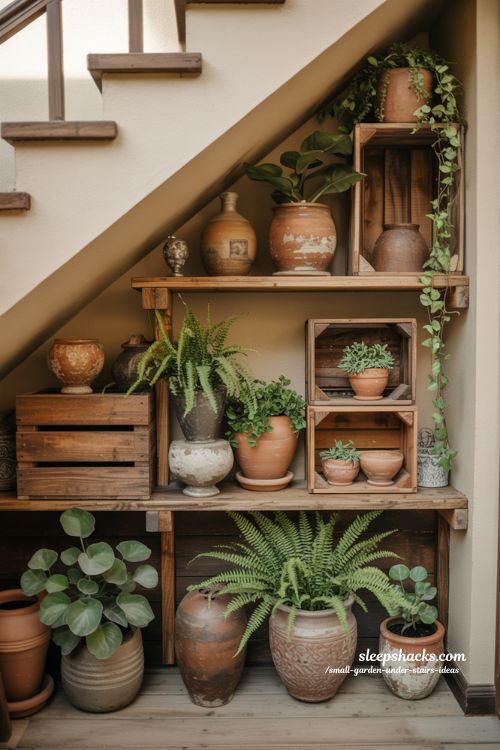Rustic natural garden under stairs with clay pots wooden textures and cozy earthy decor 
