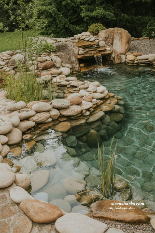 Rustic stone edge pond pool with river rock waterfall natural backyard DIY water garden design