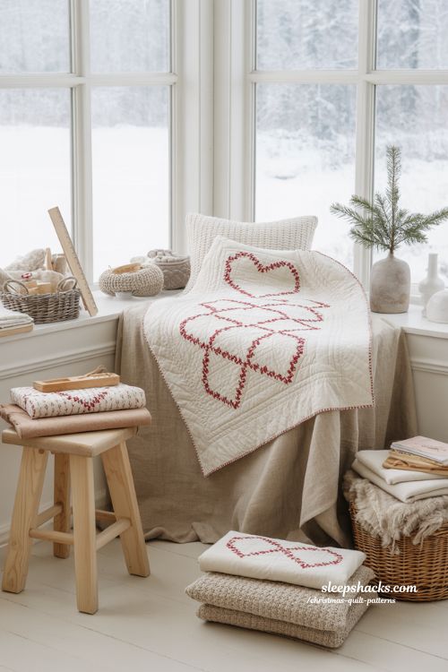 Scandi hearts Christmas quilt pattern in cozy Nordic sewing room 
