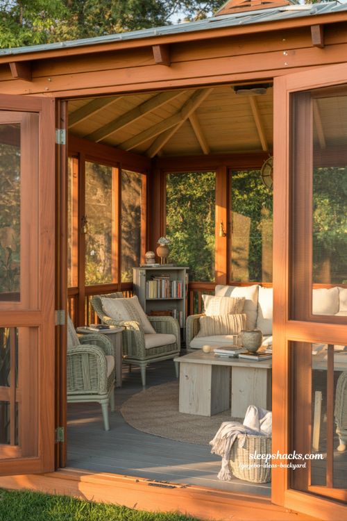 Screened in gazebo ideas for bug free outdoor living room design